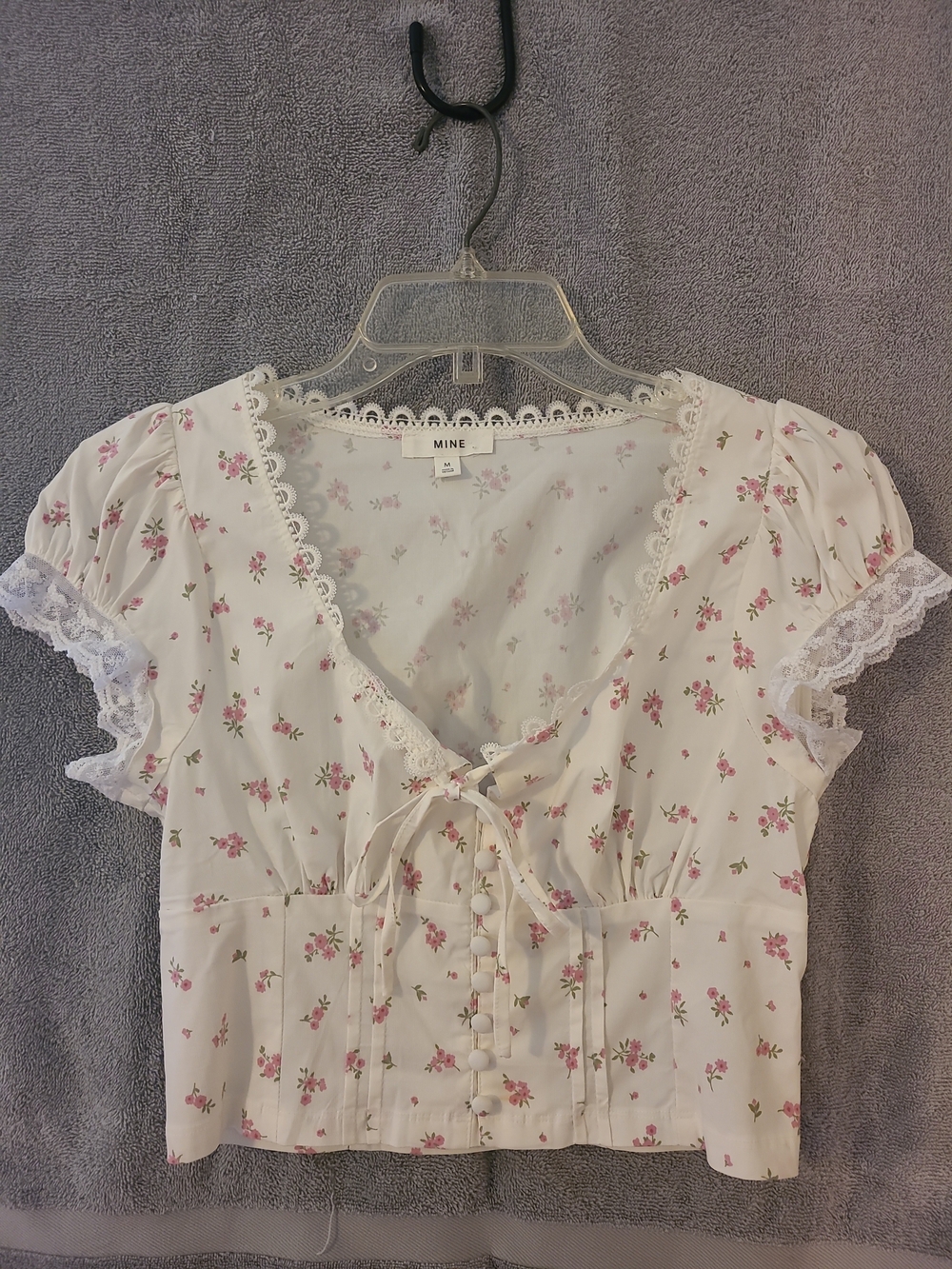 Mine White Ditsy Floral Lace Milkmaid Corset Crop Top Puff Sleeves Fairycore
